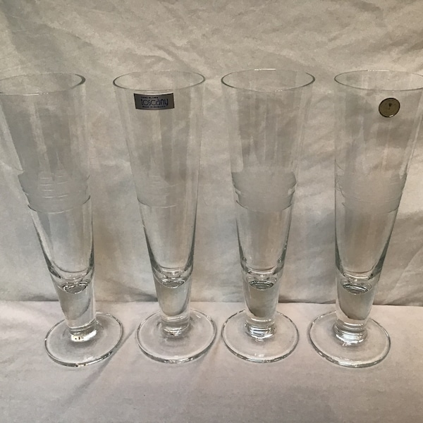 Vintage Pilsner Glasses by Toscany Hand Blown in Romania Set of 4 Nautical Theme