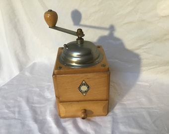 Vintage German Coffee Grinder Mill Wood and Metal Hand Crank Coffee Bean Grinder