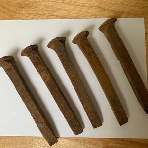May include: Six rusty metal railway spikes, arranged in a fan shape on a white background.