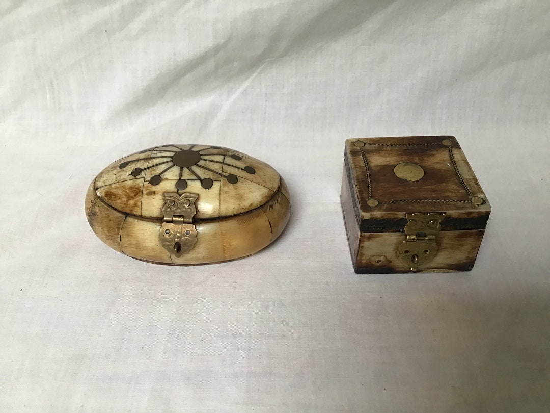Vintage Camel Bone Box With Brass Inlay Trinket Box Set of Two Etsy