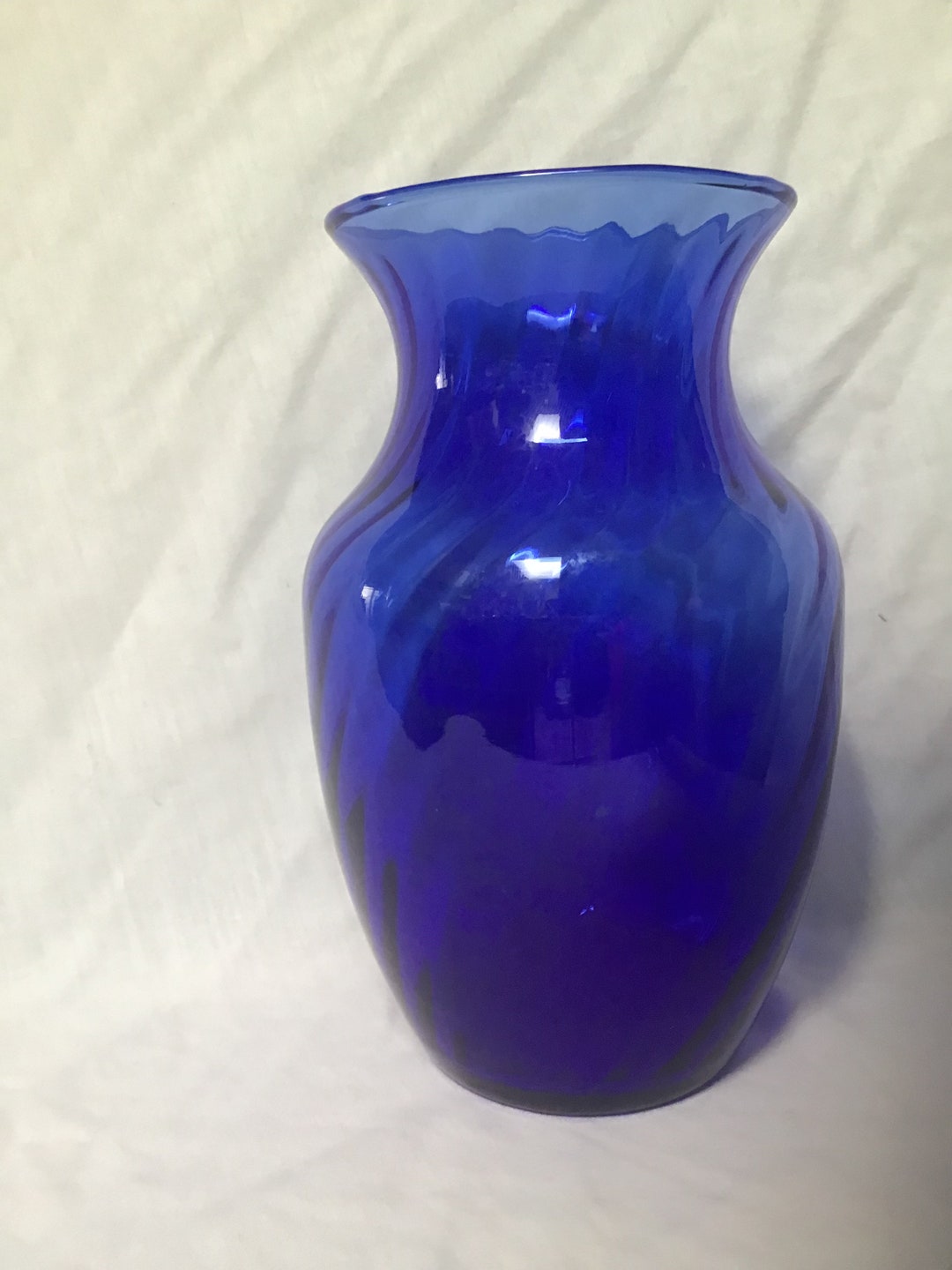 Vintage Cobalt Blue Glass Vase Tall Blue Vase Flower Vase With Swirls Etsy