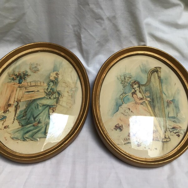 Vintage Set of 2 Framed Lithographs by Corry Helman Oval Gilt Frames Rare Set