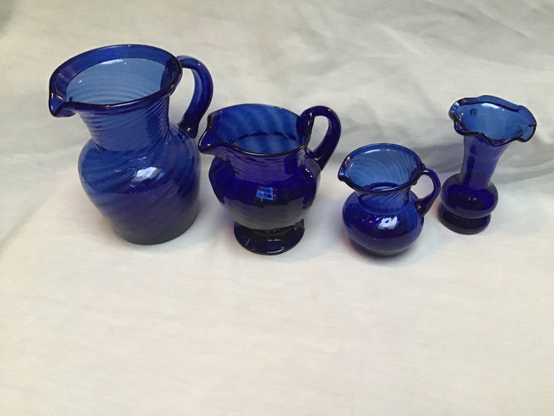 Vintage Cobalt Blue orders Glass Pitchers Set of 3 Plus Bonus Vase