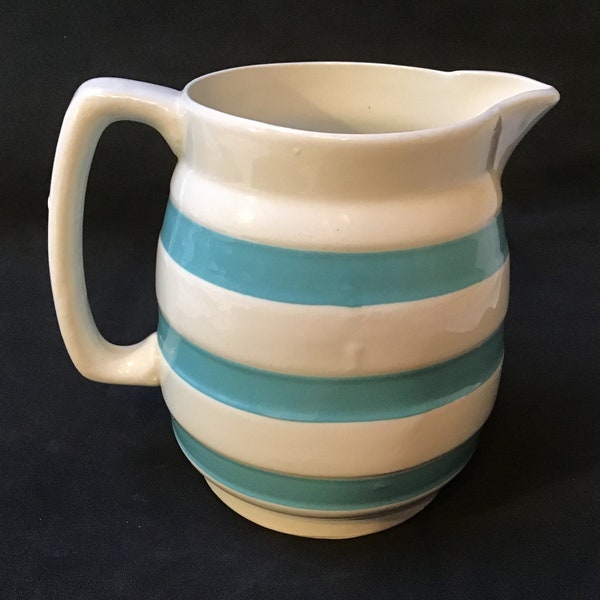 Vintage Carrigaline Pottery Pitcher Striped Pitcher in Turquoise and White