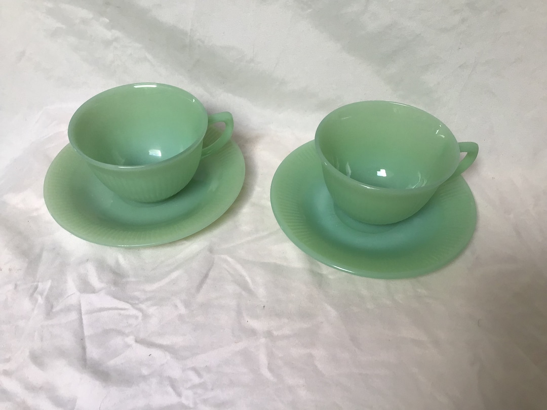 Vintage Jadeite Cup and Saucer Sets Jane Ray Fireking Green Glass Made