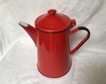 Vintage Red Enamel Coffee Pot Stove Top Coffee Pot Cottage Decor Made in Poland