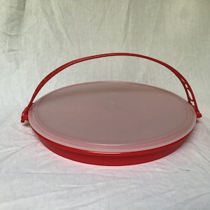 Vintage Tupperware Party Platter w/Handle Divided Sections Red Round Vegetable Tray Dip Container Picnic Potluck Camping Snack Tray