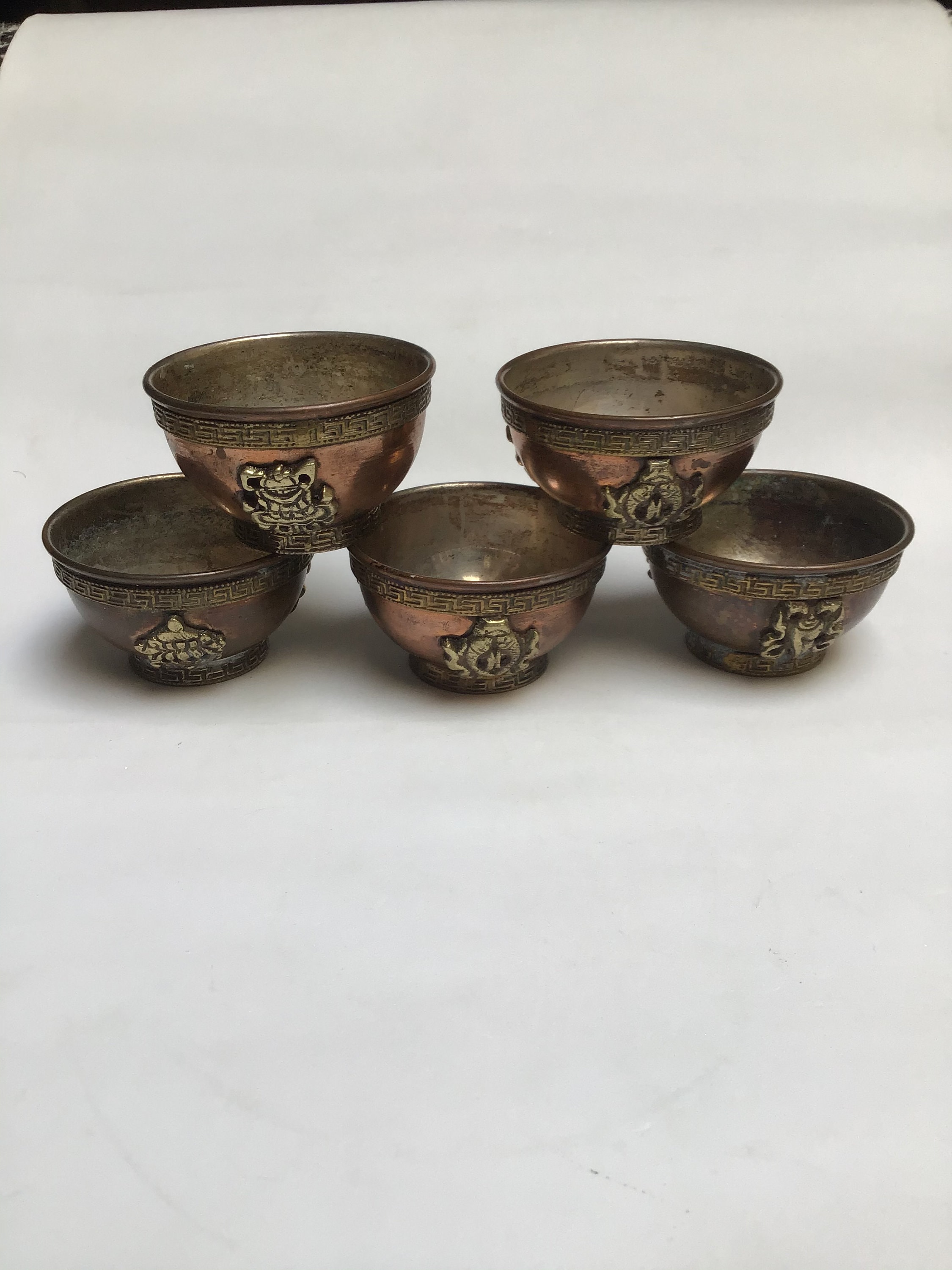 Vintage Copper Bowl Greek Key Detail Brass Accents Ceremonial Etsy