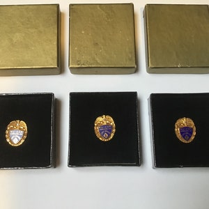 Könnte beinhalten: Drei kleine schwarze Schachteln mit goldenen Verzierungen, jede mit einer goldenen Anstecknadel mit einem blauen und weißen Emaille-Design. Die Anstecknadel zeigt ein Schild mit dem Text "NU-CAR" und "GARDENING CLUB" im Inneren.