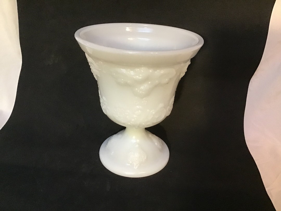Vintage Milk Glass Pedestal Urn Vase Floral Pattern Etsy