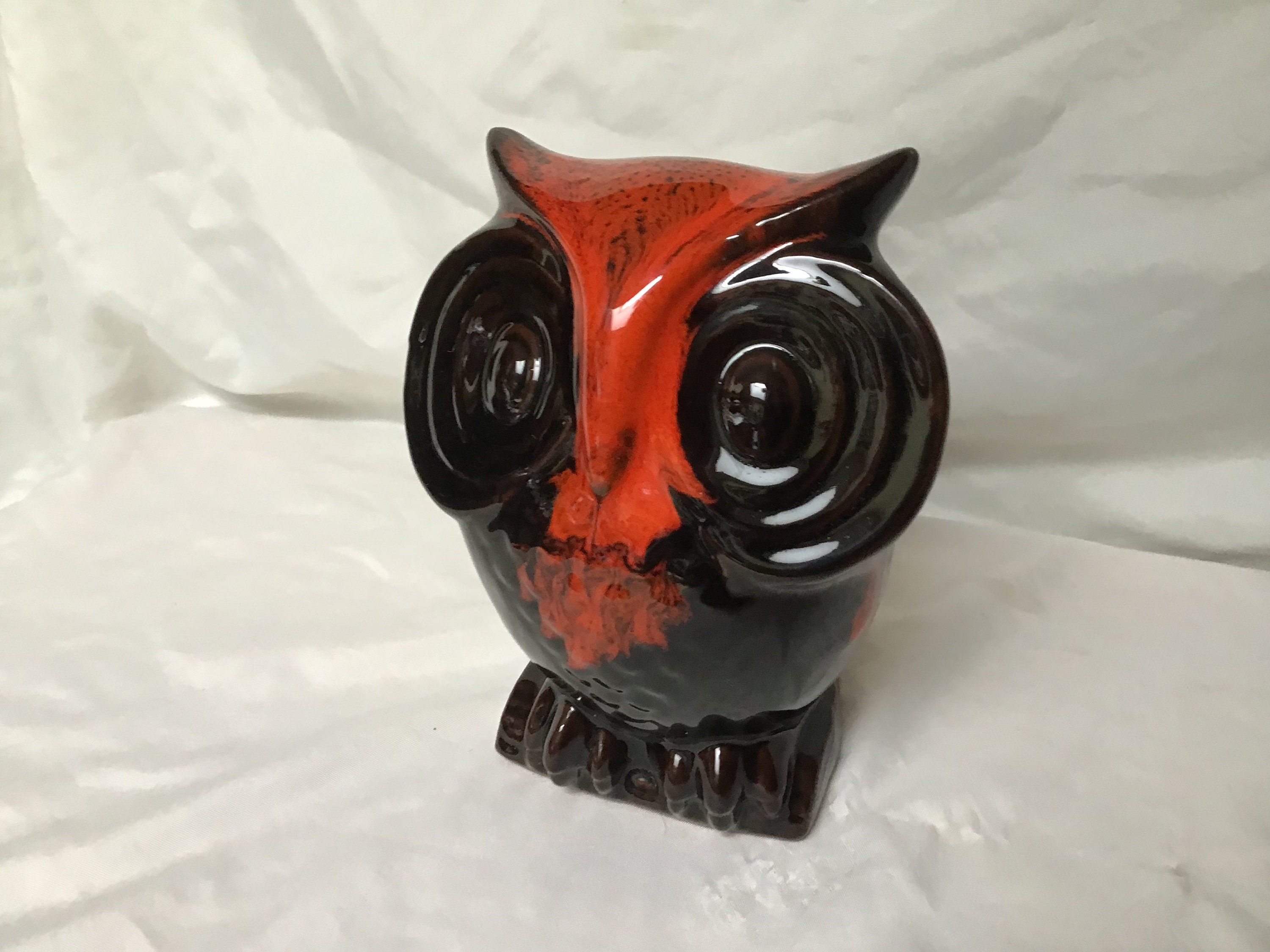 Vintage Ceramic Owl Bank: Red Drip Glaze, Canuck Pottery MCM