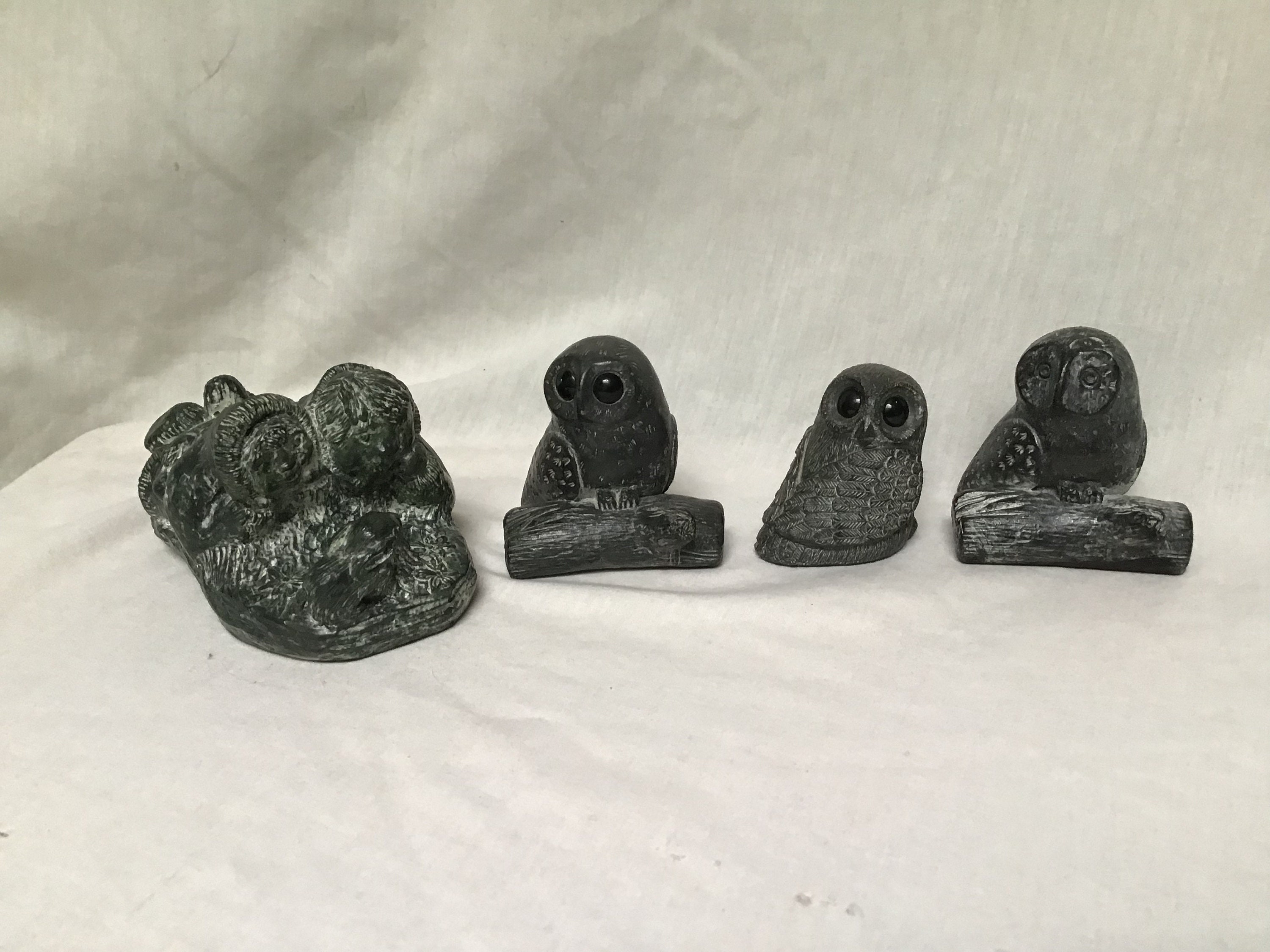 Wolf Original Soapstone Sculptures Owl Figurines Paperweight Inuit Children With Rabbit Owl on Log S