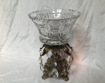 Vintage Crystal Pedestal Bowl Compote Bowl on Brass Base With 6 Crystal Pendants