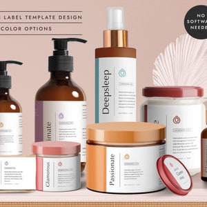 Puede incluir: Un conjunto de 13 plantillas de etiquetas para el envasado de productos, con seis opciones de color. Las etiquetas están diseñadas para productos de belleza y cuidado de la piel, con una estética minimalista y un enfoque en los ingredientes naturales. Las etiquetas presentan una variedad de colores, incluyendo rosa, naranja y marrón, e incluyen texto como "Passionate", "Intimate", "Glamorous" y "Deepsleep".