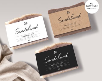 May include: Two bars of handmade sandalwood soap with brown and black labels. The labels have the text "Sandalwood", "Lovespell Co", "Handmade Artisan Soap", and "4 oz".