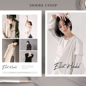 Op de afbeelding: Model comp kaart met een vrouw met kort zwart haar die verschillende outfits draagt. De kaart bevat de naam van het model, Elliot Hadid, lengte, gewicht, maten en contactgegevens.