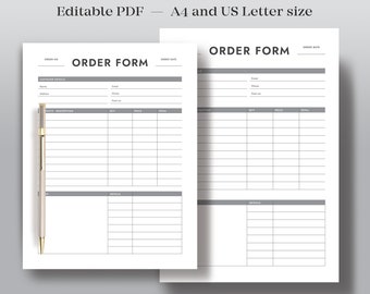 May include: A printable order form template in PDF format. The form includes sections for customer details, order description, quantity, price, and total. The form is designed for A4 and US Letter size paper.