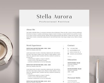 Może przedstawiać: Czarno-biały szablon CV z nazwą Stella Aurora u góry. CV zawiera sekcje: O mnie, Doświadczenie zawodowe, Kontakt, Wykształcenie i Umiejętności osobiste. CV jest sformatowane w prosty i czysty sposób.