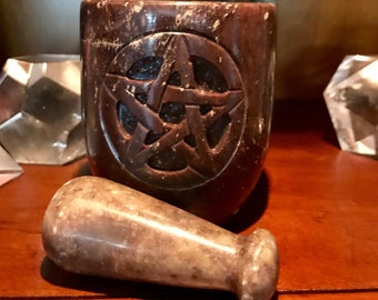 Pentacle Soap Stone Mortar and Pestle with Three Sided Pentacle, Magikal Kitchen Tools, Herbs, Incense