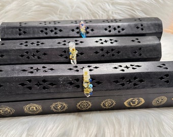 Wood Black Chakra Coffin Box Incense Stick Holder, Burner for Incense Cones, Embellished with Quartz crystal