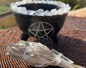 Smudge Kit, Pentacle Soap Stone Bowl, Smudging, White Sage, Quartz Crystal Point, Embellished with Clear Quartz Crystals,Wicca