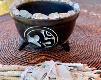 Smudge Bowl, OM Soap Stone Bowl, Smudging, White Sage, Embellished with Golden Rutilated Crystals