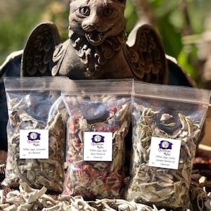 Smudge -Loose Incense Blends, Smudge Kit, White Sage, Cedar, Juniper Berries, Lavender, Rose Petals, Charcoal, 1oz. No Stems