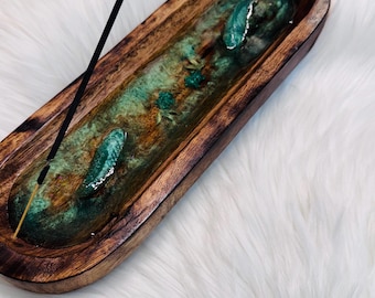 KOI pond Incense Stick Holder, Resin Artwork, Jewelry Tray, Green Koi in algae resin pond