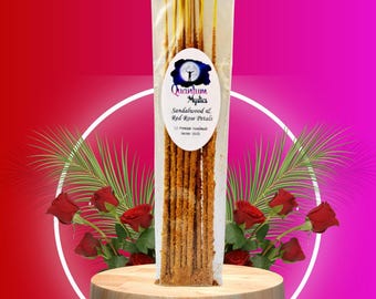 Bastoncini di incenso al sandalo e petali di rosa rossa, incenso in resina arrotolato a mano, confezione da 12, miscela artigianale