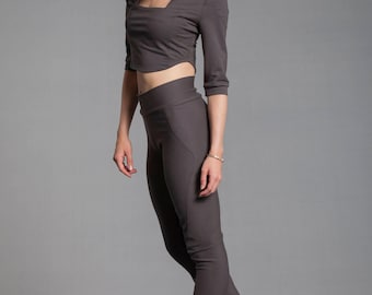 Gray Yoga Pants, Organic Cotton High-Waisted Flared Activewear