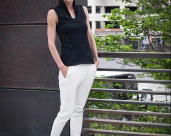 Organic Cotton Top, Black Sleeveless Design with Funnel Neck Collar