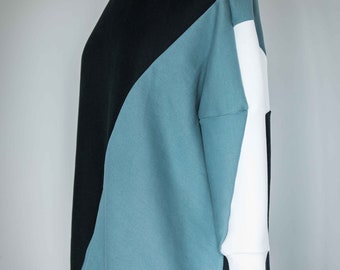 Organic Cotton Cowl Neck Sweater: Color Block Dolman Sleeve