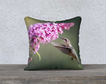 Hummingbird throw pillow cover - hummingbird at pink flowers, floral pillow cover, home decor, square pillow cover, gifts for her