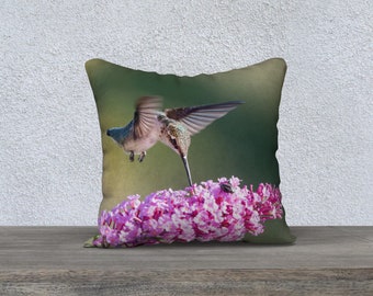 Hummingbird 2 throw pillow cover - hummingbird at pink flowers, bird pillow, home decor, square pillow cover, gifts for her