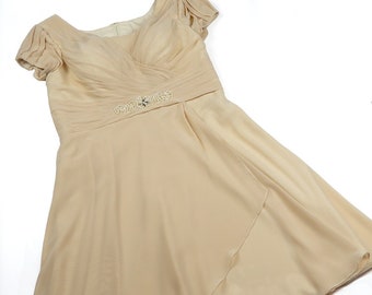 Mother of the bride dress, beige cocktail dress, size 12, soft flowing evening chiffon dress, vintage dress formal dress, recycled dress.