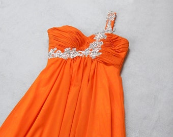 Vintage one shoulder, ruched bodice evening dress, vintage evening dress, orange evening dress, flowing long dress, 1990s evening dress.
