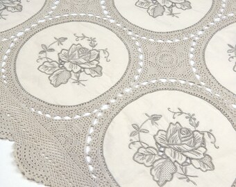 Vintage tablecloth small square vintage ecru  lace and linen tablecloth with embroidery and crocheted circular inserts and edging.