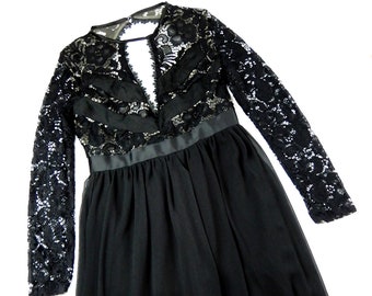 Black vintage evening dress, plunging neckline to waist, cut away back, size 10/12, long lace dress.
