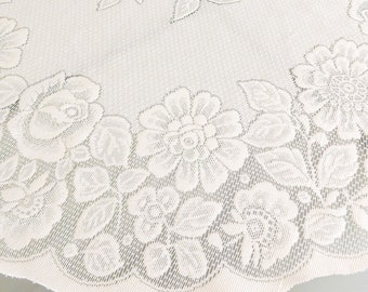 Small round lace vintage tablecloth, cream in colour, man made fibre and machine stitched, small wedding cake table cover, pretty tablecloth