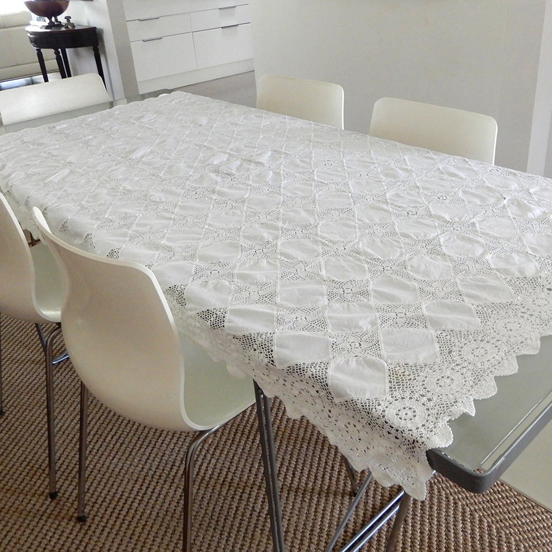 Tablecloth Rectangular Vintage White Lace and Linen Etsy New Zealand