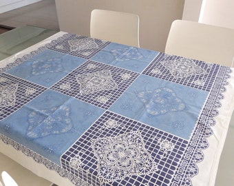 Blue and white square vintage tablecloth, floral and geometric design, recycled tablecloth, small tablecloth, 1970s tablecloth.