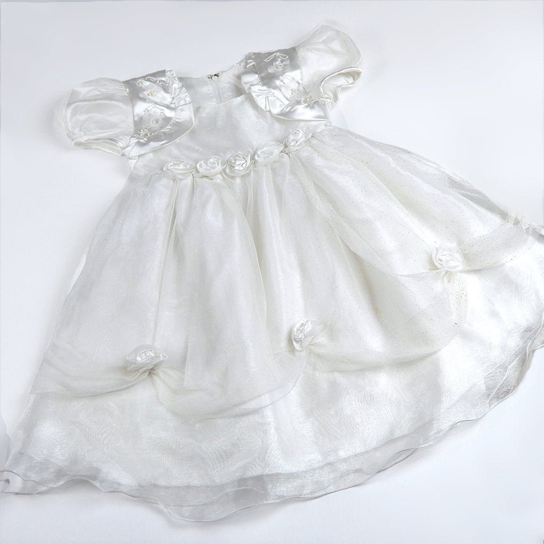 White Vintage Christening Dress With Ribbon Flowers and a Scalloped