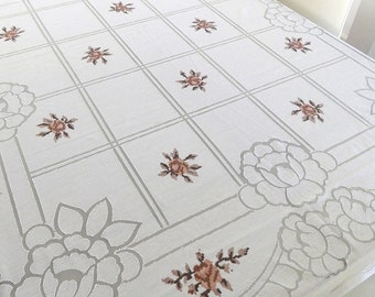 Vintage 1970s tablecloth in  brown and white floral design, long tablecloth, white tablecloth with brown flowers, seventies tablecloth.