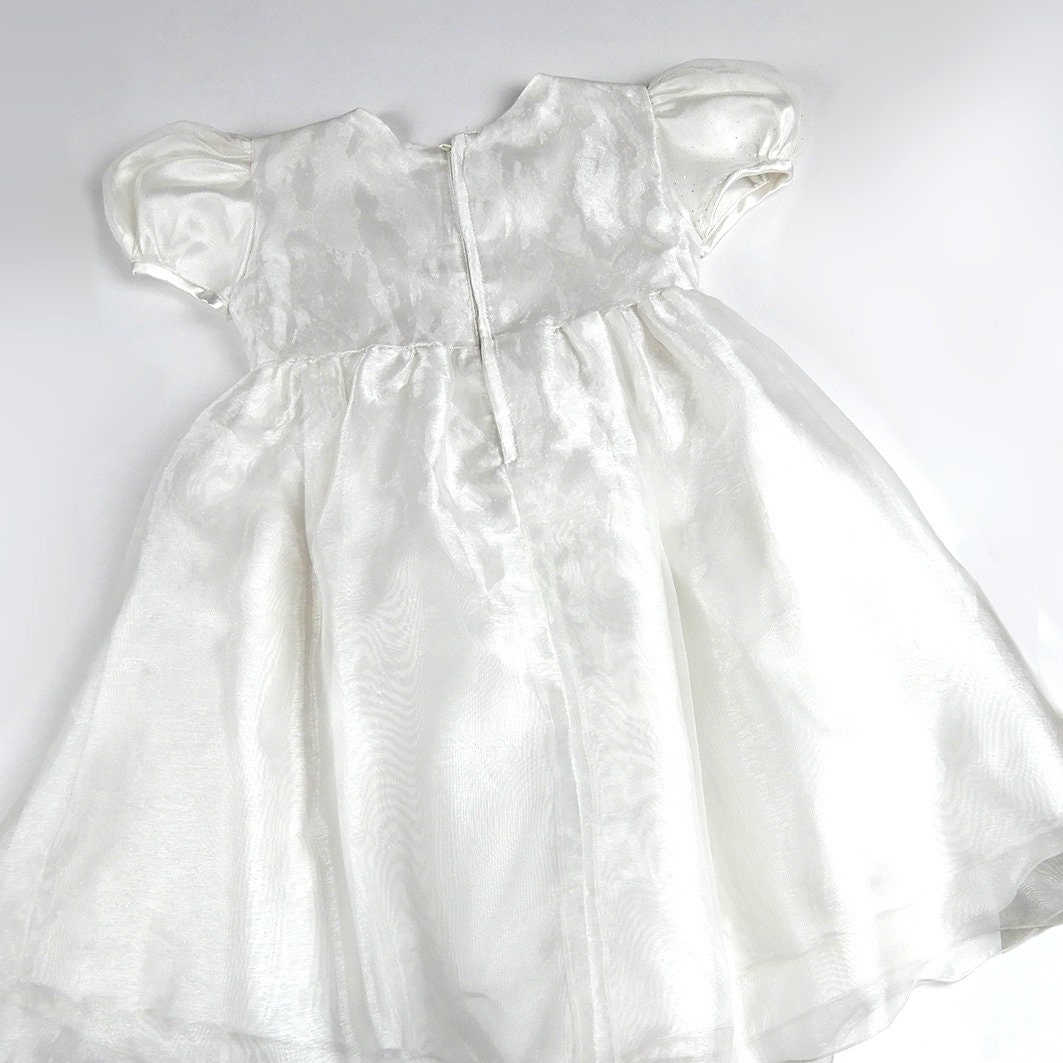 White Vintage Christening Dress With Ribbon Flowers and a Scalloped