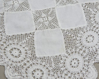 Tablecloth rectangular vintage white, lace and linen tablecloth, crochet stitched together, hand crafted tablecloth.