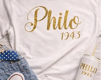 Philo Shirt 1943 Glitter Gold Tee, Philo Gift Greek Apparel Unisex Tee
