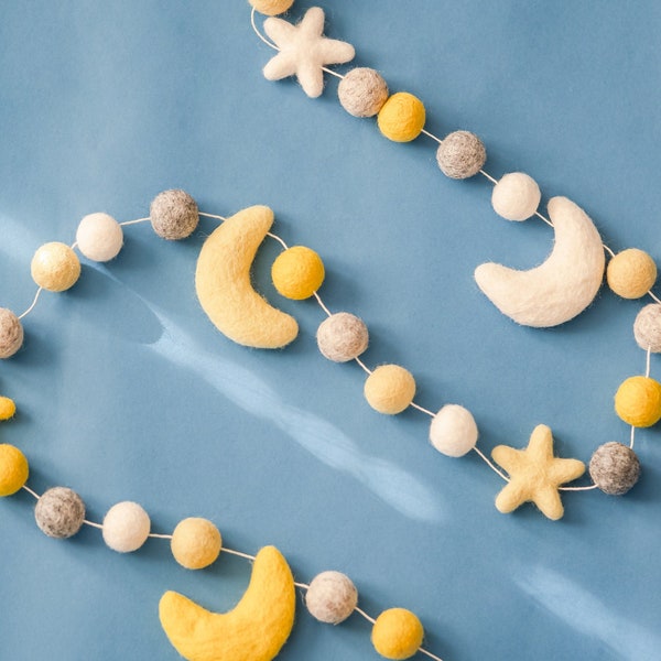 Moon star garland, felt ball garland, space garland, felt ball decor, felt ball nursery, nursery decor, yellow nursery, moon decor, moon