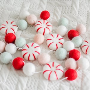 Felt Ball Christmas Garland, Peppermint Holiday Decor, Christmas Candy, Modern