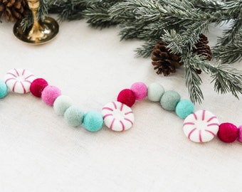 Peppermint garland, felt ball garland, felt peppermint, peppermint decor, peppermint tray, tiered tray decor, Christmas garland, Christmas