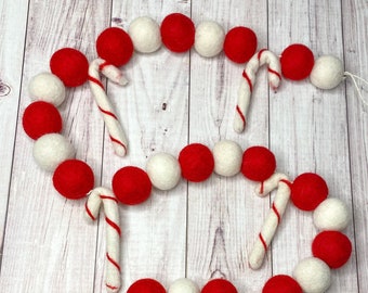 Guirlanda de Natal, Bola de Feltro de Lã Feita à Mão e Bandeirolas de Bengala Doce